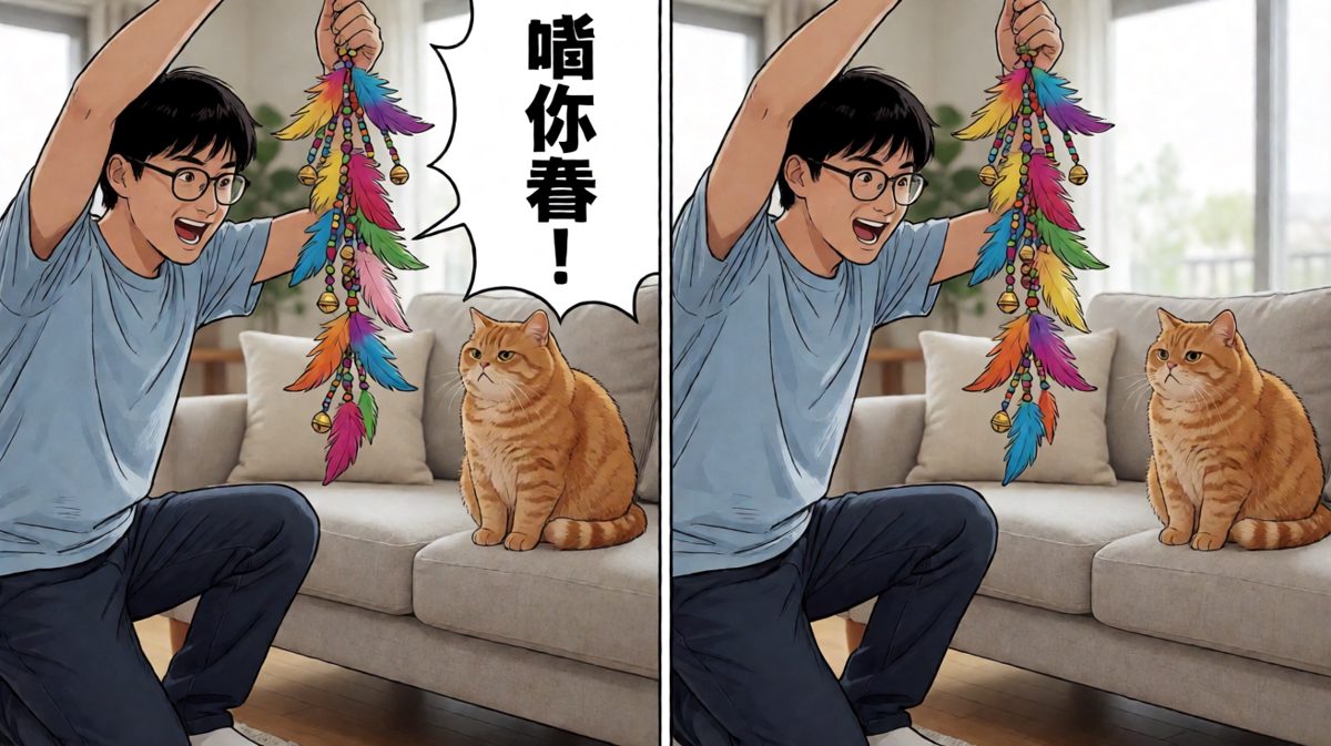隆重展示逗猫棒，橘猫全程无视。