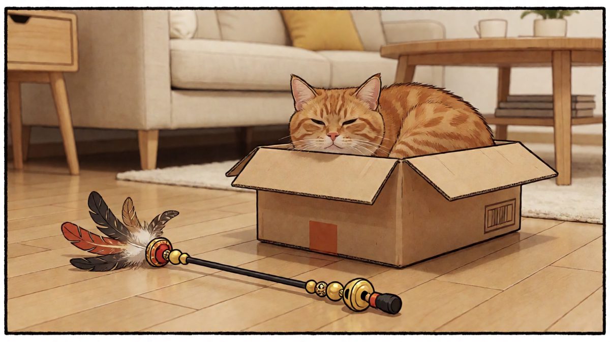 猫直接躺进了装玩具的破纸箱，幸福感拉满。