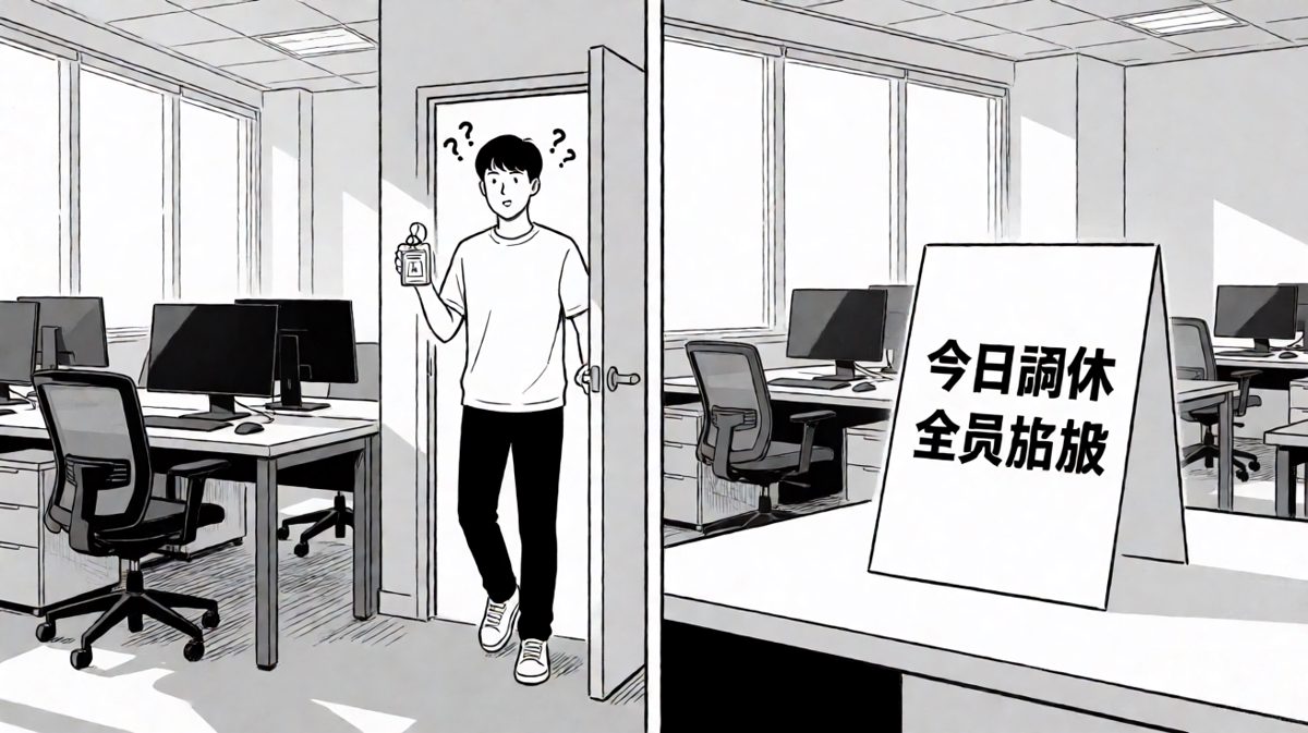 推门而入……没人。桌上贴着一张「今日调休」。