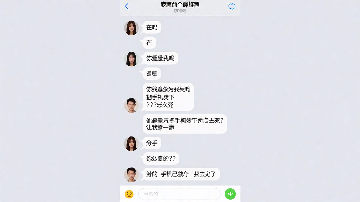 女生用「让我静一静」逼男生做出二选一，结果男生真把手机放下了——字面意义上的放下。