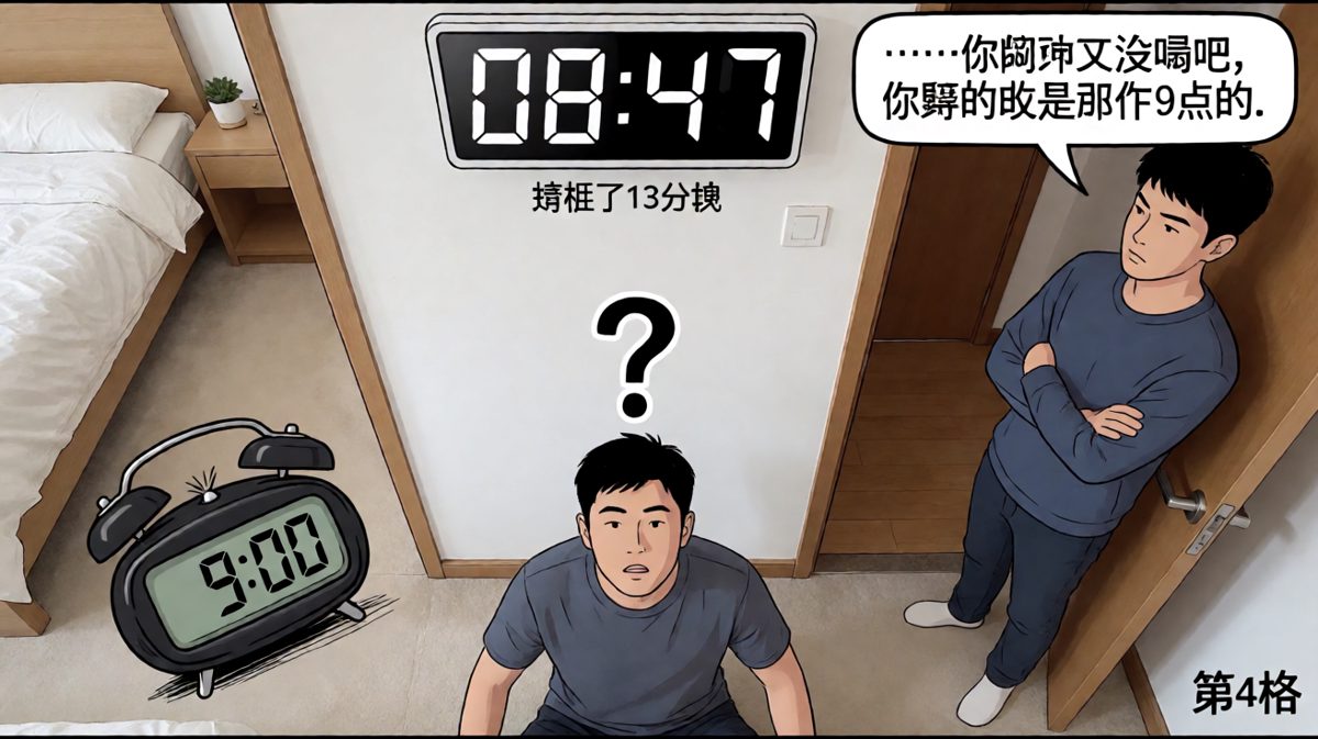 弹射了半天，打开门一看——离起床还有十三分钟。室友：你看人看得一愣一愣的。