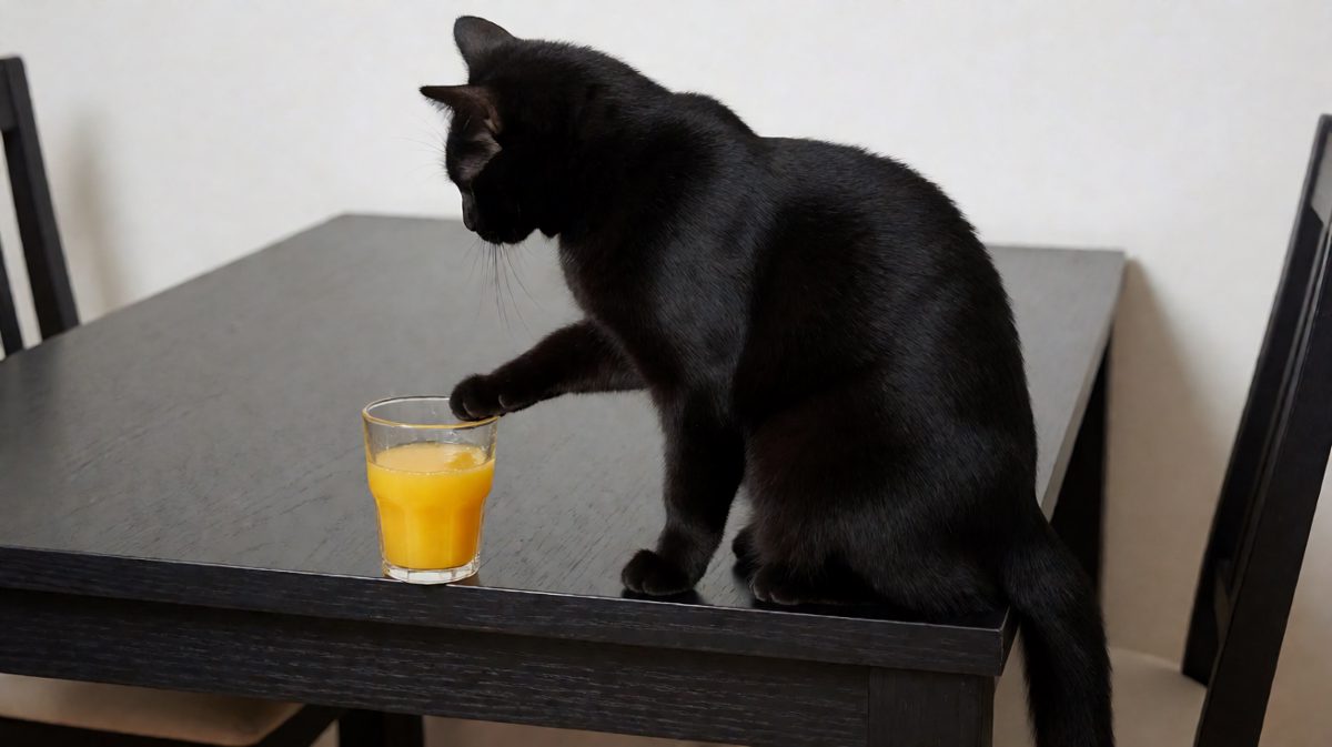 猫：'我没有推它，是杯子自己没站稳。别用那种眼神看我。'