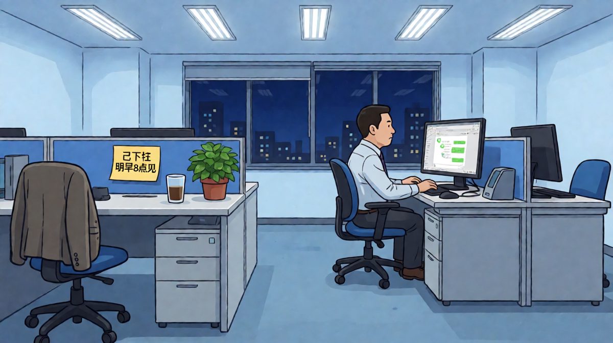 老板：「今晚加班到晚上8点。」员工早已下班，留言：「收到！我明早8点准时到，晚安老板！」