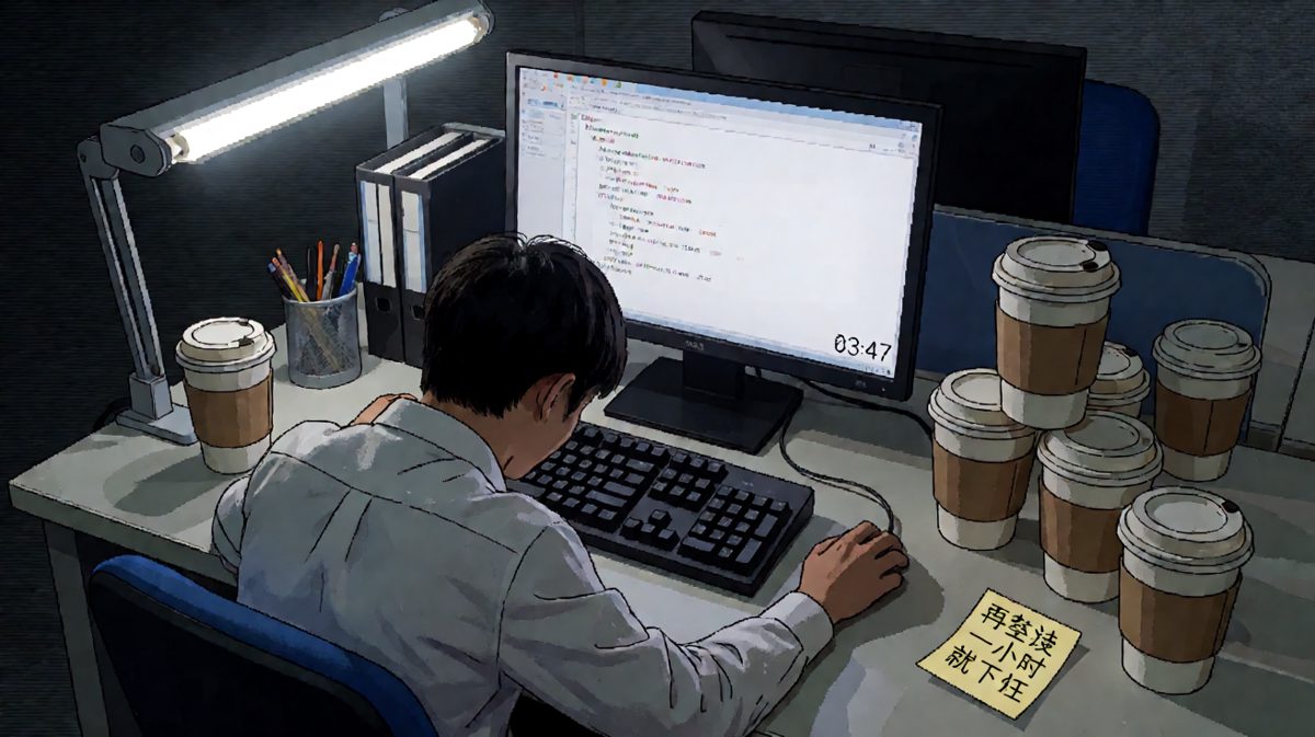 便利贴上写'再坚持一小时'，笔迹拖了四格，说明他对自己已经说了四个'再坚持一小时'。