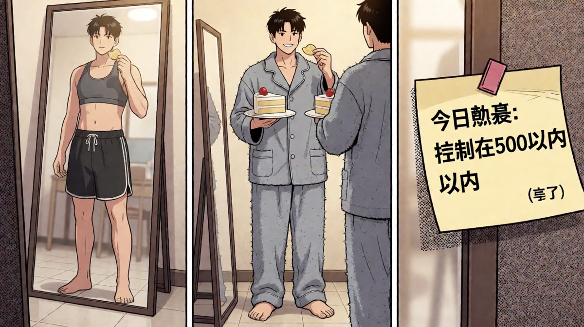 镜子里的我：健身达人。镜子外的我：刚把'500卡'便签撕了那个。