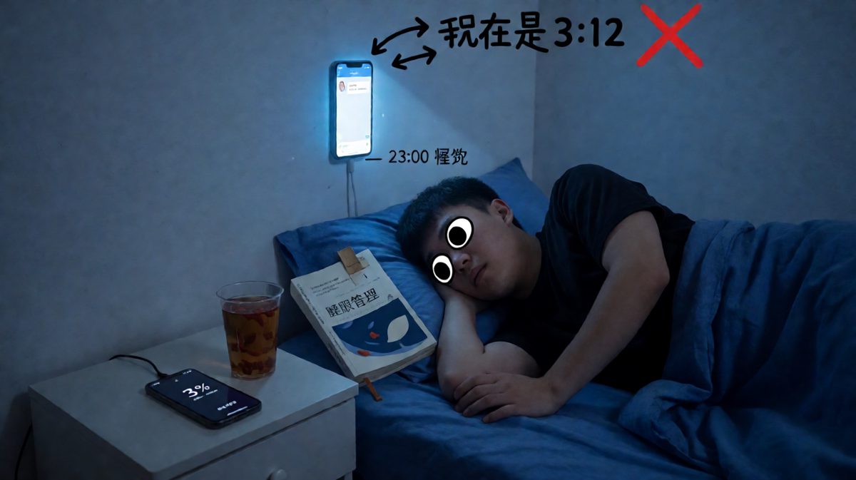 闹钟定在23:00，人在3:12瞪着天花板。枸杞茶凉了，书没翻过第一页。晚安，明天再说。