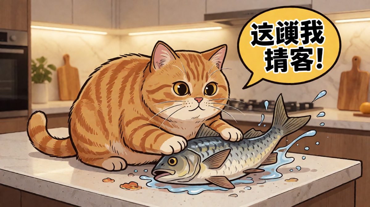 橘猫今天的战绩：与鱼搏斗三小时，最终将其按在案板上。