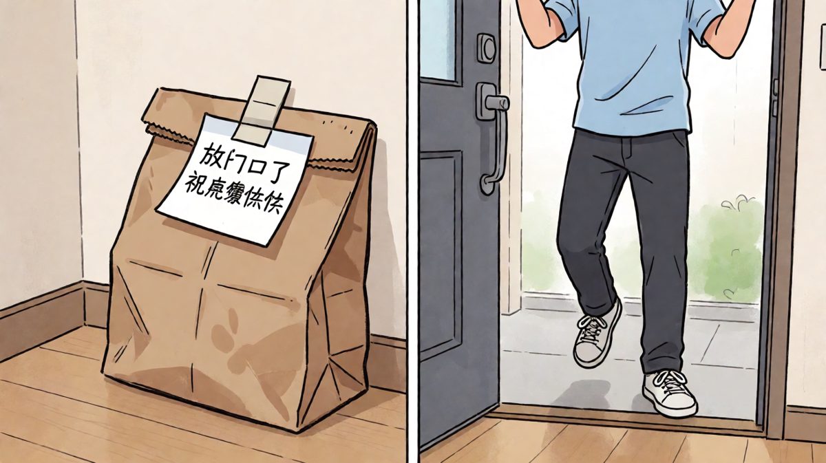 开门见山：没有人，只有一份袋子和一句冷冰冰的祝福。