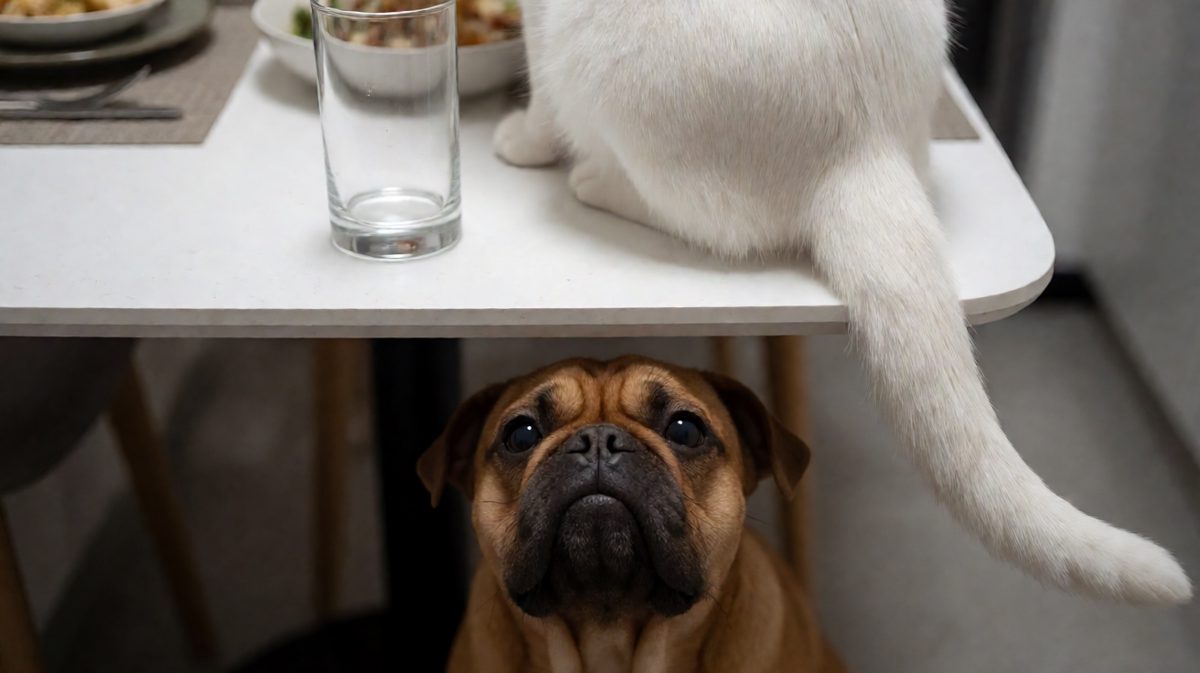 猫说'杯子自己掉下去的'，狗已经在下面写完了认罪书。