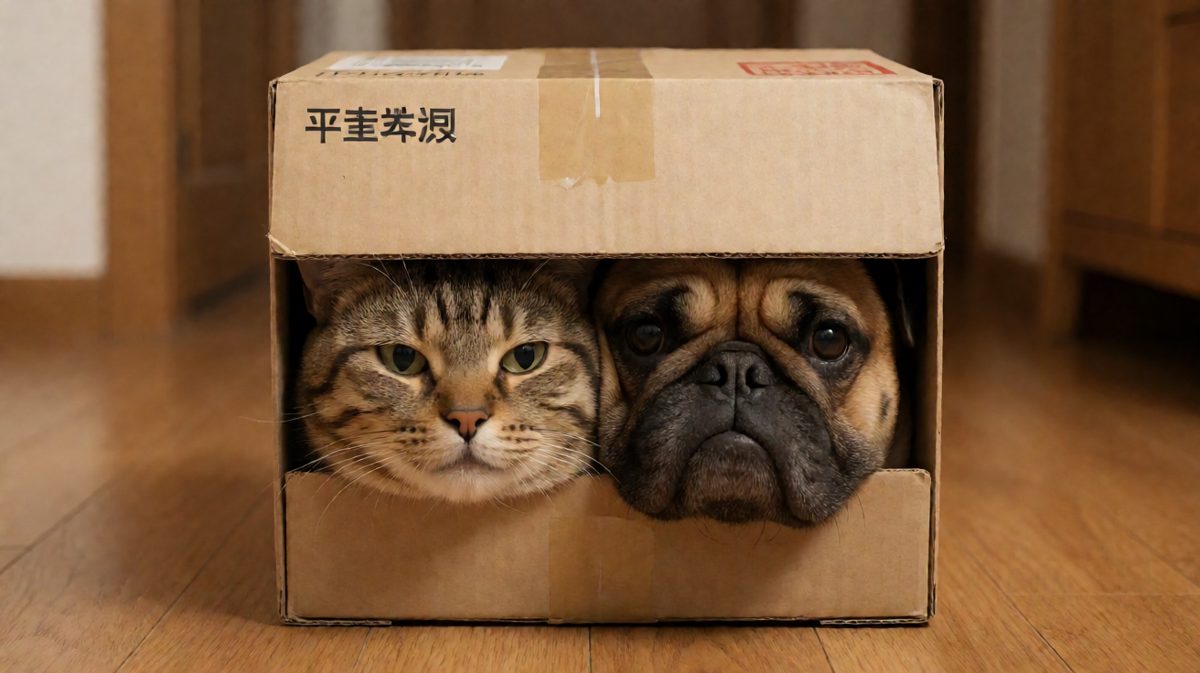 猫和狗同时发现了全公司最小号的纸箱，并达成'一起住'的共识。