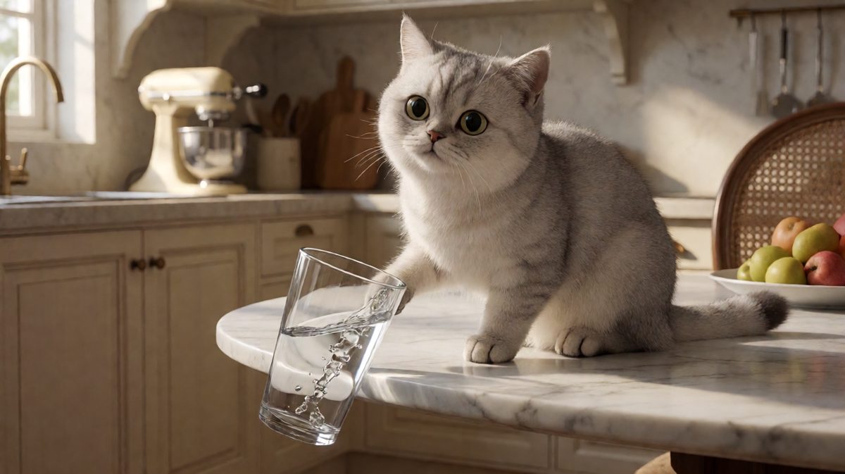 猫：没碰它，是桌子自己歪了，你看，水在哭。