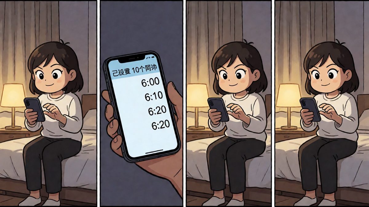 睡前信心满满：十个闹钟齐上阵，明天一定早起！