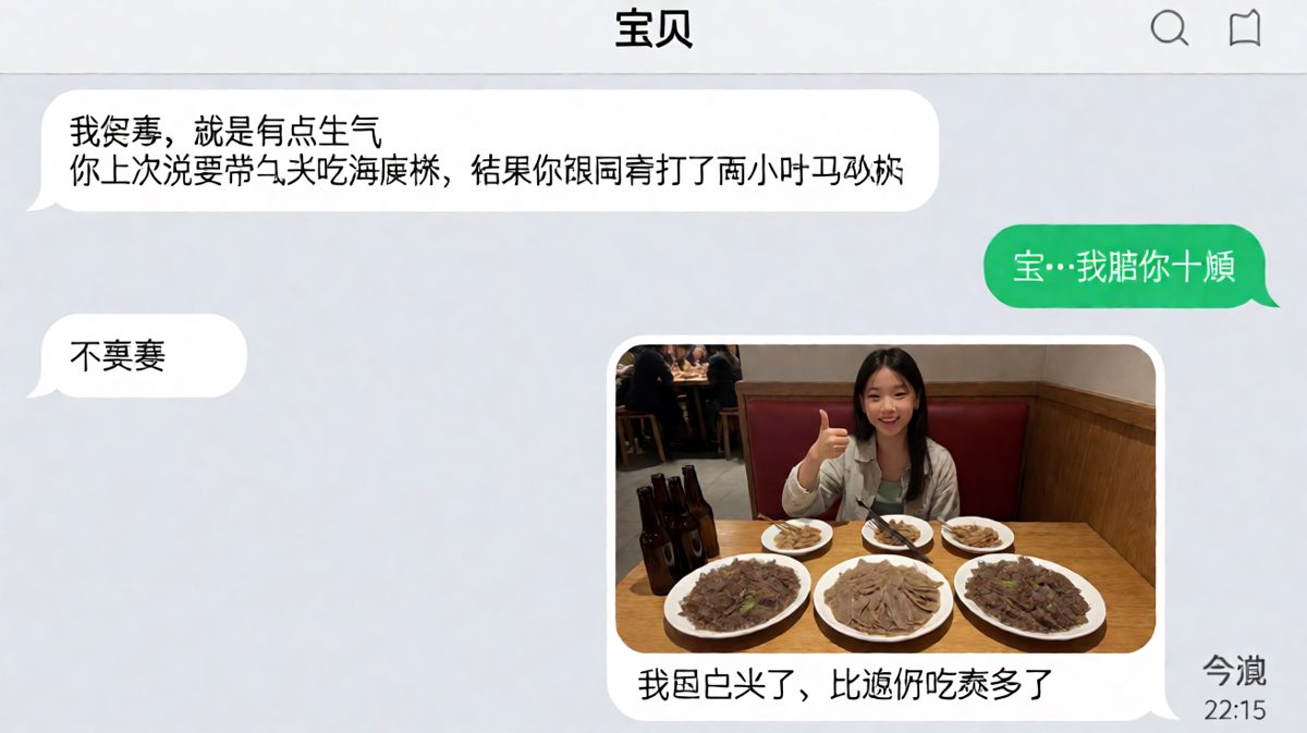 她说「不需要你赔」，然后附了一张自己怒吃三盘毛肚的炫饭图