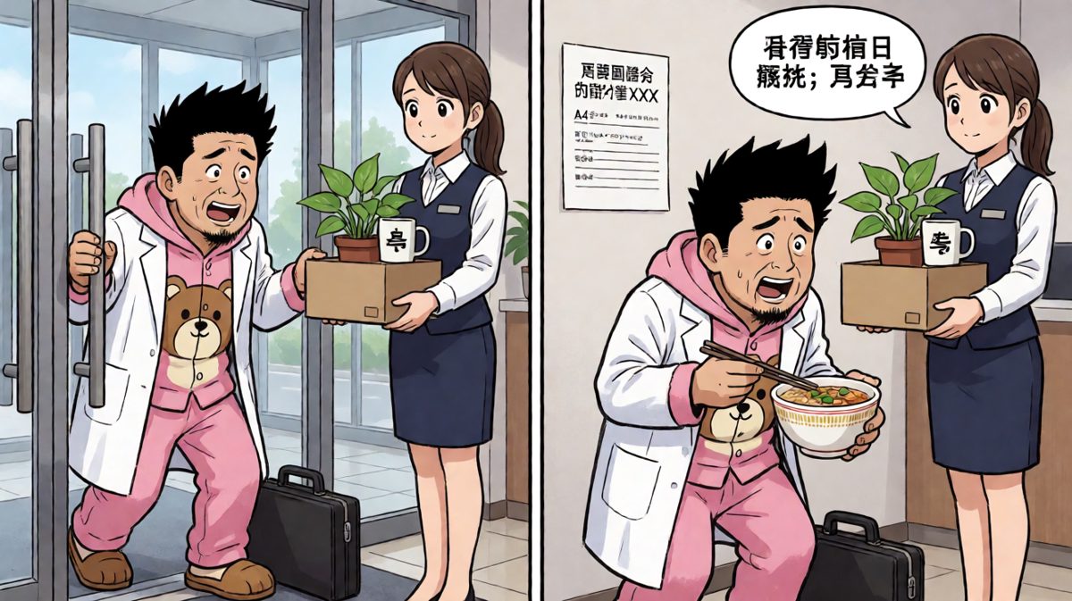 拼了命赶到公司，结果发现上周就已被裁，泡面汤滴在了前同事的离职通知上。