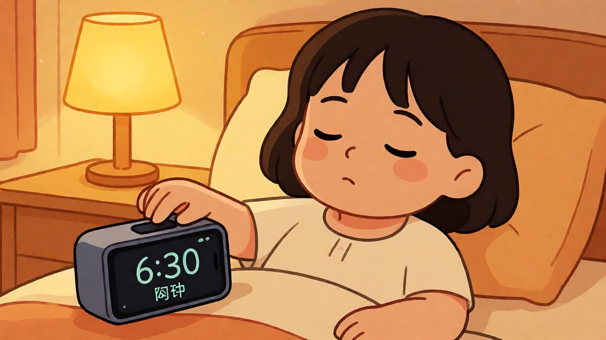 第一格：闹钟响了6:30，主角自信满满随手按掉继续睡。
