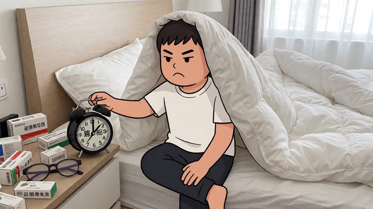 第二格：7点闹钟又来，主角恼羞成怒再按一次。