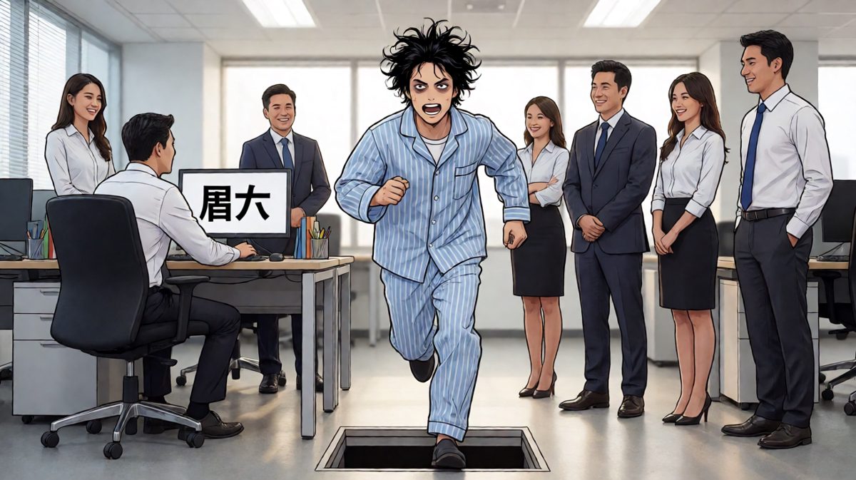 第四格：冲到公司才发现今天是周六，社死现场。