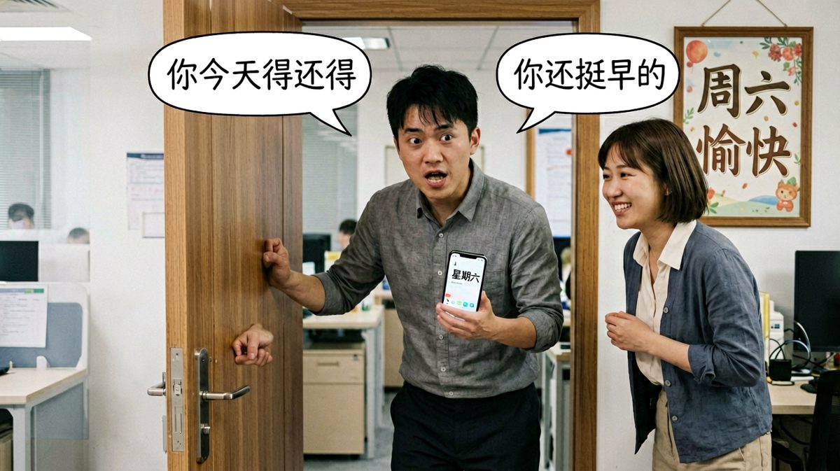 第四格：结果……今天明明是周六啊！