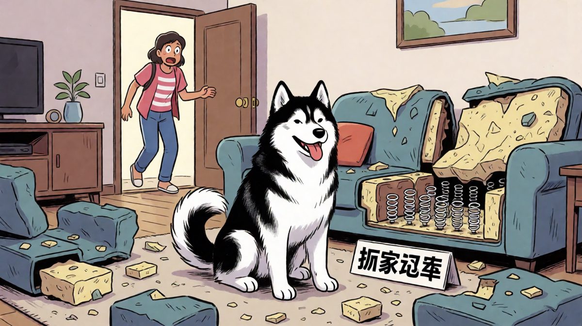 哈士奇拆家现场，一脸求表扬