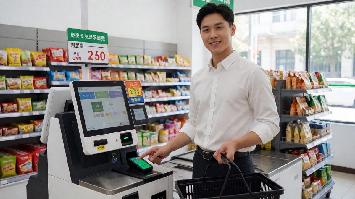 小铭自信满满地走向自助结账机，决定自己来扫。