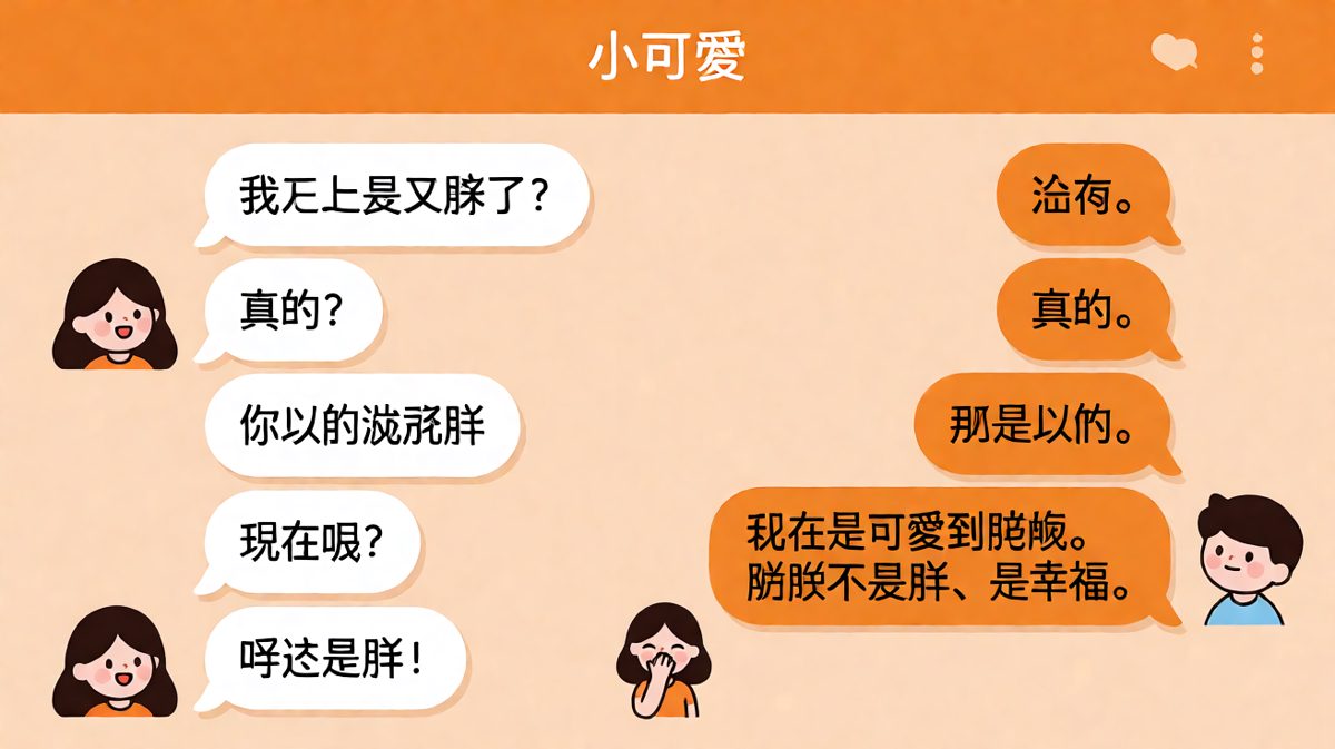 女生问胖不胖，男生用「可爱到膨胀」自救成功。