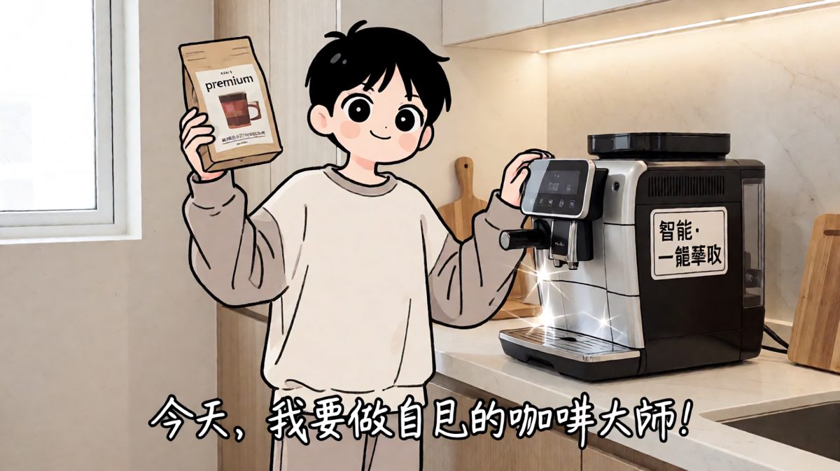 主角自信满满地展示新买的咖啡机和精品豆，立志成为咖啡大师。