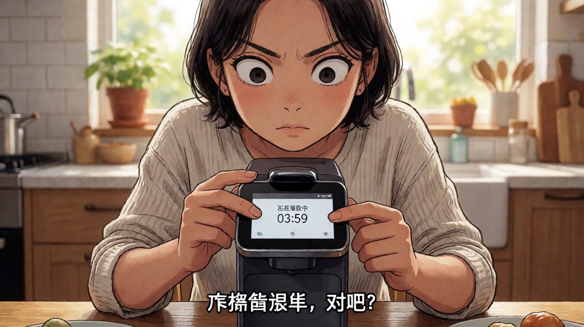 主角全神贯注地设置咖啡机参数，神情如同拆弹专家般紧张。