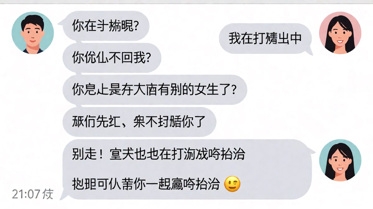 女生以为被冷落其实男生也在打游戏，两人各玩各的还互相猜
