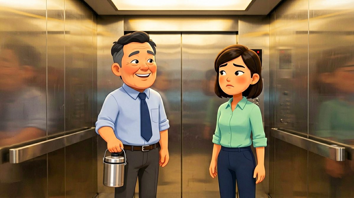 电梯里，大叔拎着保温桶，笑容慈祥