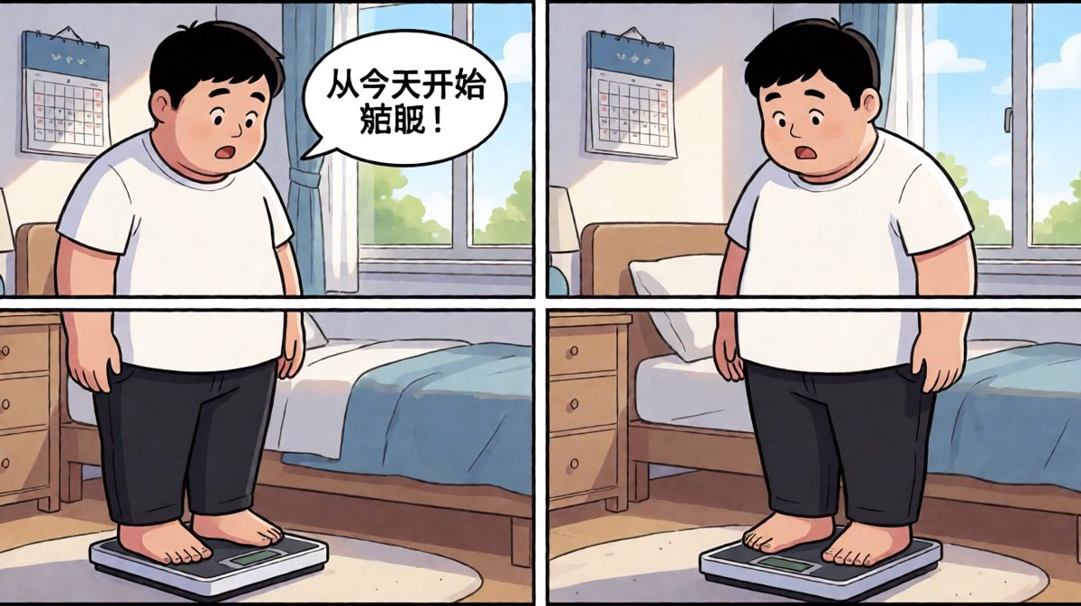 主角下定决心减肥，对着体重秤立flag