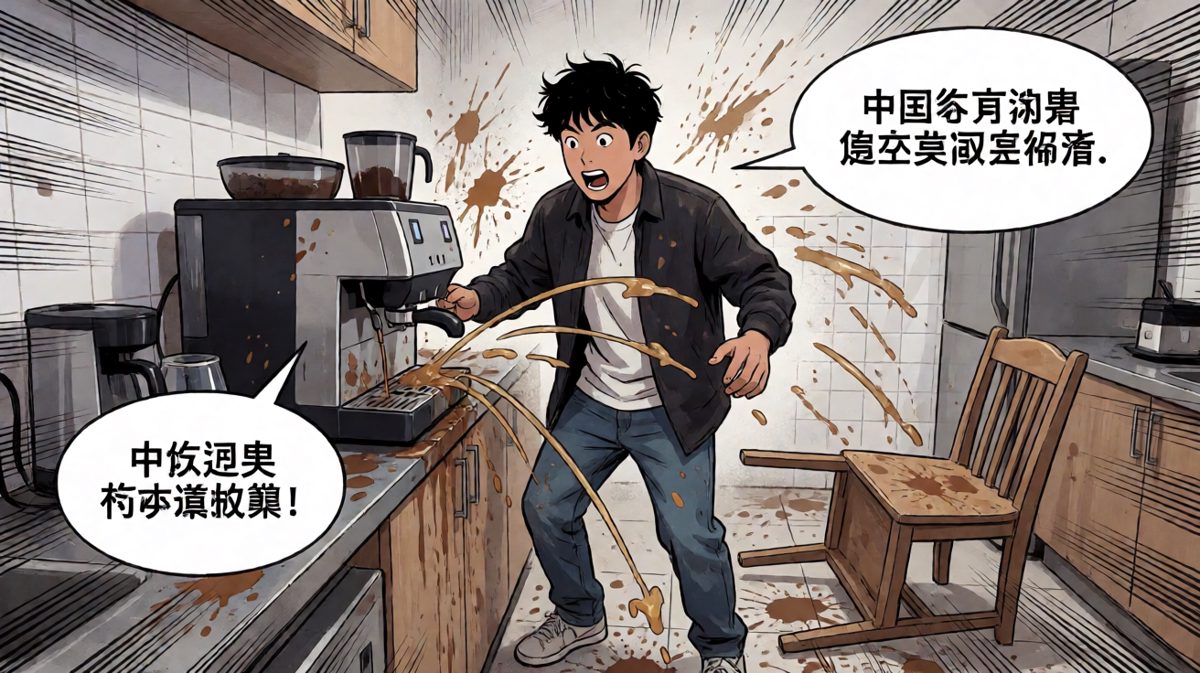 第三格：咖啡机失控喷射，社畜瞬间变成落汤鸡
