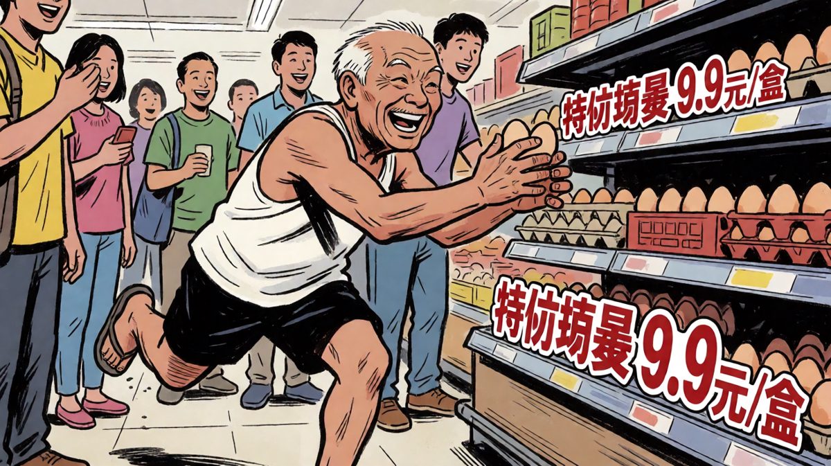 大爷闻讯赶来，誓要抢到特价鸡蛋
