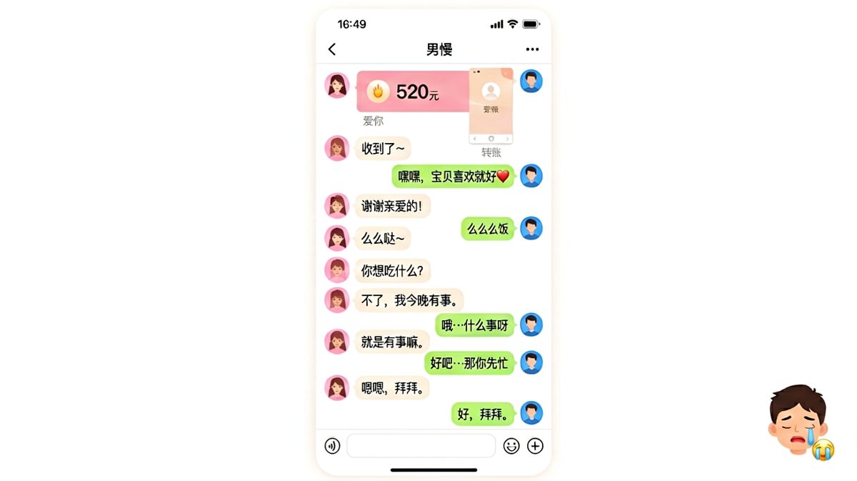 男生刚转账完还在甜蜜期待约会，女生已礼貌撤退，反差笑点拉满。