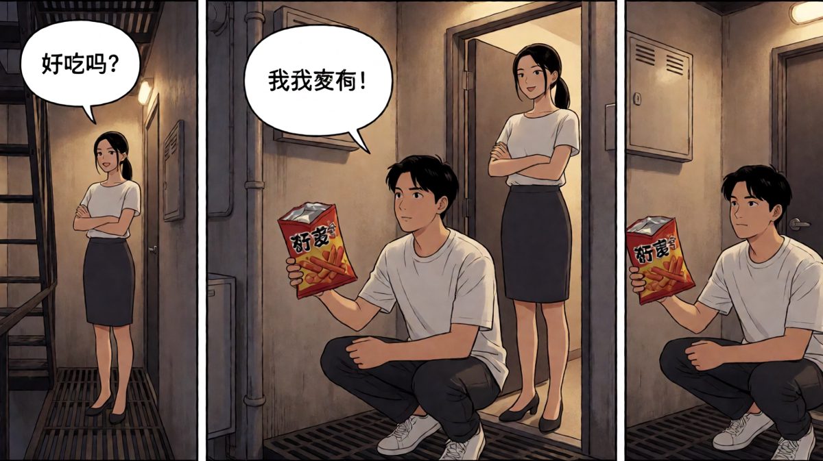 格子3：偷吃辣条被抓现行的社死瞬间，辣条已成为他命运的证物