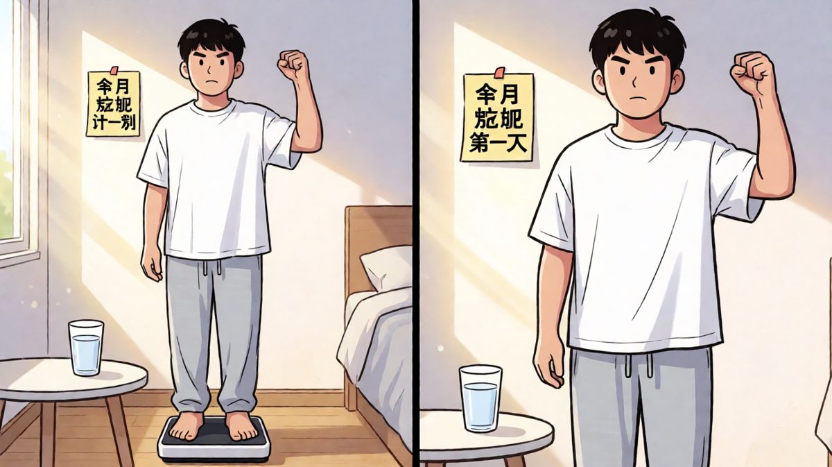 一大早对着体重秤立下flag，眼神里充满决心