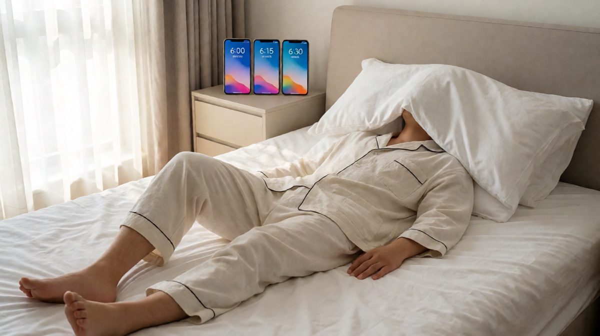 第一格：闹钟响了又响，主角把自己裹成蚕宝宝一动不动