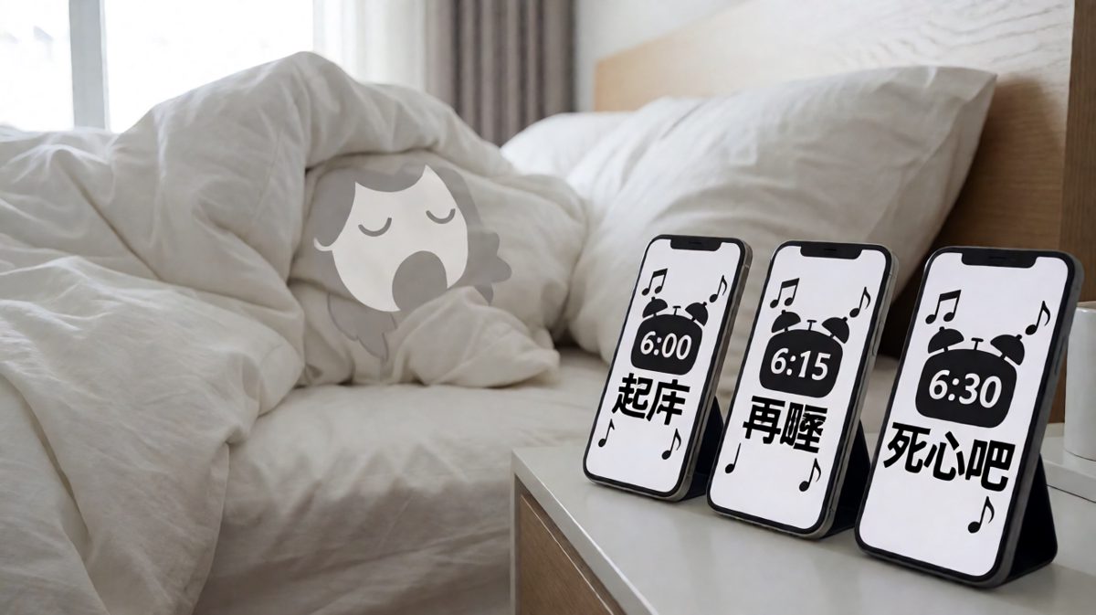 第二格：闹钟连环轰炸，时间在嘲笑主角的不作为
