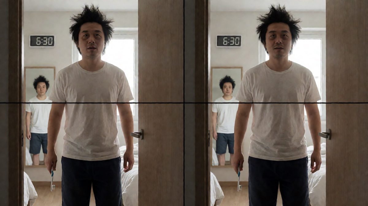 第三格：终于惊醒，发现已经迟到半小时