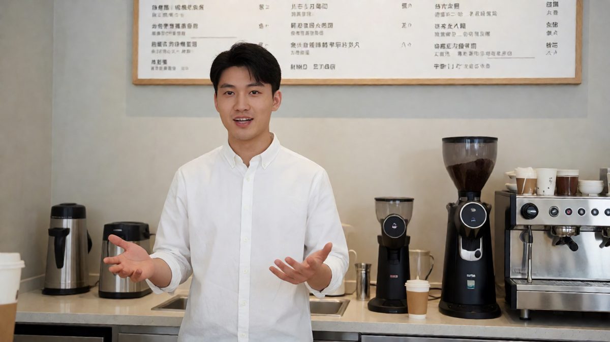 主角走进咖啡店，自信满满地点单。