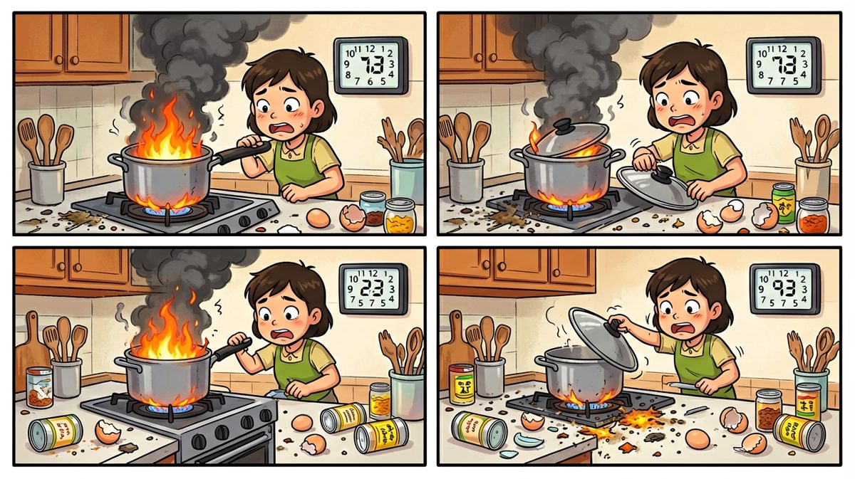 手忙脚乱的厨房灾难现场