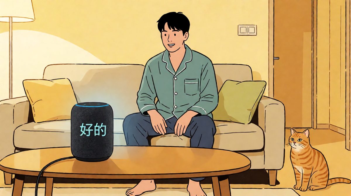 小明对音箱下达第一条指令：打开卧室灯。