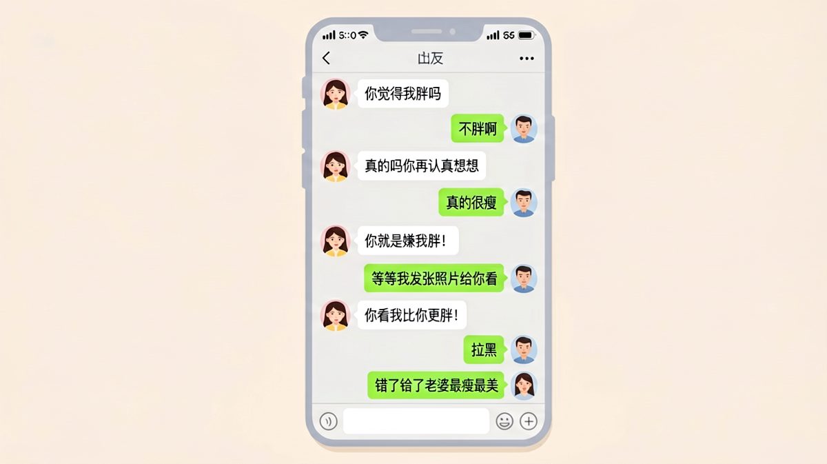 送命题'我胖吗'的经典翻车现场，最后靠自黑逃生。