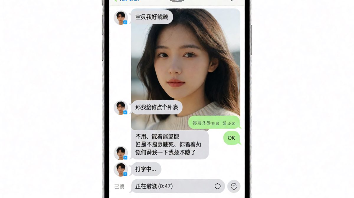 女生撒娇要亲亲，男生憋了半天发出一条47秒语音，最后内容不得而知但结局显然不妙。