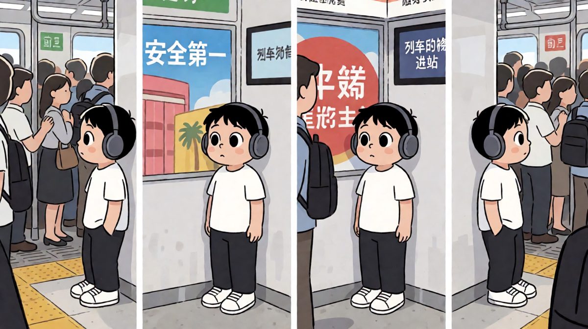 第一格：社恐小明早早到站，只为找个角落躲起来
