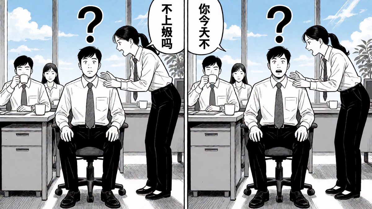同事：哥们，今天周六……你没事吧？