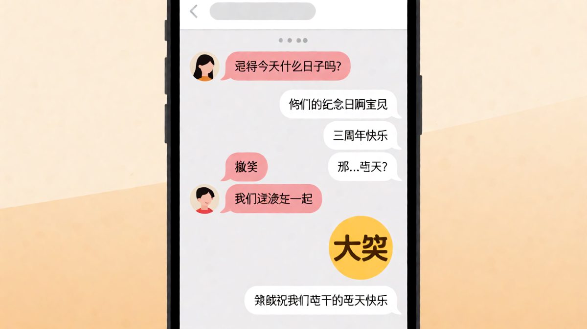 男生假装记得纪念日，结果搞砸的反转对话。
