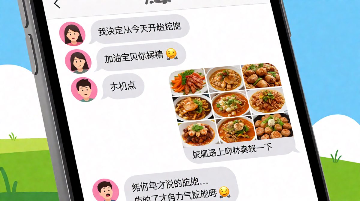 女生说要减肥，然后吃了很多的反转场景。