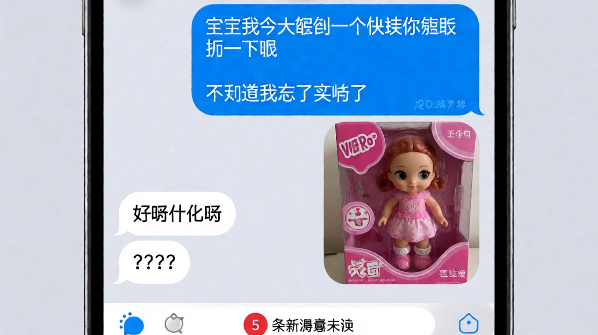 男朋友寄来一个神秘快递让女朋友帮忙拆，结果拆开是一个粉色娃娃，画面定格在「？？？？？」的完美瞬间。