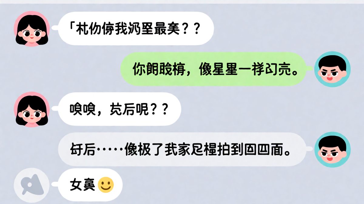 前半段情话满分，后半段秒变致命吐槽，女生表情从心花怒放到杀心四起。