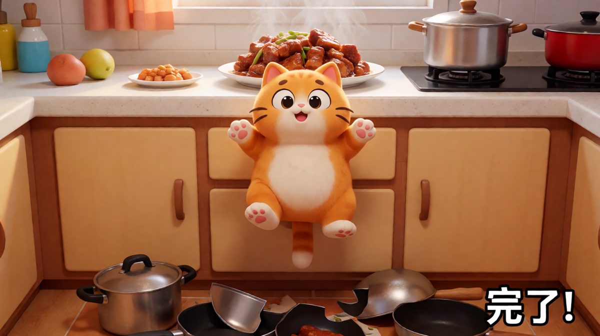 橘猫偷吃计划失败，上演空中飞猫